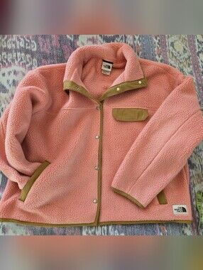 The North Face Pink Sherpa Fleece Jacket with Tan Trim size Large